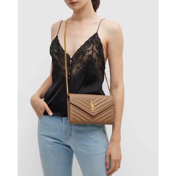 YSL Saint Laurent Monogramme Large Grain de Poudre Wallet on Chain Purse Brown - Picture 2 of 12